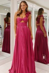 Fuchsia Prom Dress Hollow Out One Shoulder Evening Dress with Slit