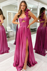 Fuchsia Prom Dress Hollow Out One Shoulder Evening Dress with Slit