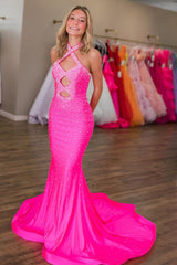 Fuchsia Prom Dress Mermaid Beaded Halter Long Evening Dress