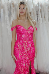 Fuchsia Prom Dress Mermaid Corset Sequined Long Evening Dress With Slit