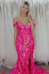 Fuchsia Prom Dress Mermaid Corset Sequined Long Evening Dress With Slit