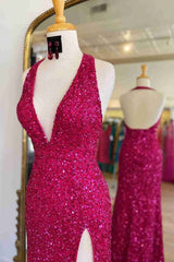 Fuchsia Prom Dress Mermaid Halter Backless Long Sequined Evening Dress with Slit