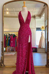 Fuchsia Prom Dress Mermaid Halter Backless Long Sequined Evening Dress with Slit