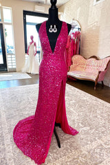 Fuchsia Prom Dress Mermaid Halter Backless Long Sequined Evening Dress with Slit