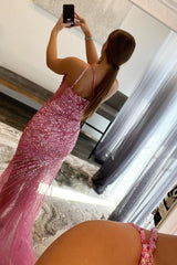 Fuchsia Prom Dress One Shoulder Sequined Long Evening Dress with Slit