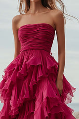 Fuchsia Prom Dress Organza Strapless Long Ball Gown Formal Dress With Ruffles