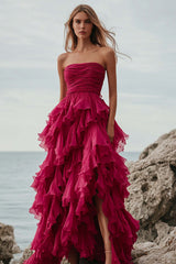 Fuchsia Prom Dress Organza Strapless Long Ball Gown Formal Dress With Ruffles