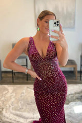 Fuchsia Prom Dress Sequined Backless Mermaid Long Evening Dress