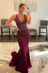 Fuchsia Prom Dress Sequined Backless Mermaid Long Evening Dress