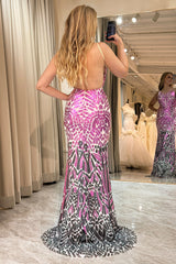 Fuchsia Prom Dress Sequined Mermaid Backless Long Evening Dress