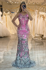 Fuchsia Prom Dress Sequined Mermaid Backless Long Evening Dress