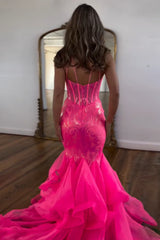 Fuchsia Prom Dress Spaghetti Straps Corset Long Prom Drss with Ruffles
