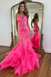 Fuchsia Prom Dress Spaghetti Straps Corset Long Prom Drss with Ruffles