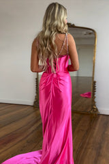 Fuchsia Prom Dress Spaghetti Straps Mermaid Corset Evening Dress with Slit