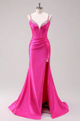Fuchsia Prom Dress Spaghetti Straps Mermaid Corset Evening Dress with Slit