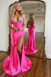 Fuchsia Prom Dress Spaghetti Straps Mermaid Corset Evening Dress with Slit