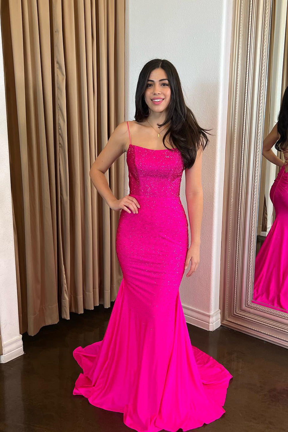 Fuchsia Prom Dress Spaghetti Straps Mermaid Long Evening Dress