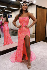 Fuchsia Prom Dress Strapless Sequin Lace Mermaid Evening Dress With Split