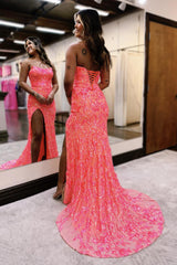 Fuchsia Prom Dress Strapless Sequin Lace Mermaid Evening Dress With Split