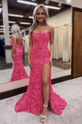 Fuchsia Prom Dress Strapless Sequin Lace Mermaid Evening Dress With Split