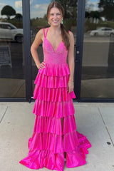 Fuchsia Prom Dress Tiered Beaded Spaghetti Straps Long Evening Dress with Slit