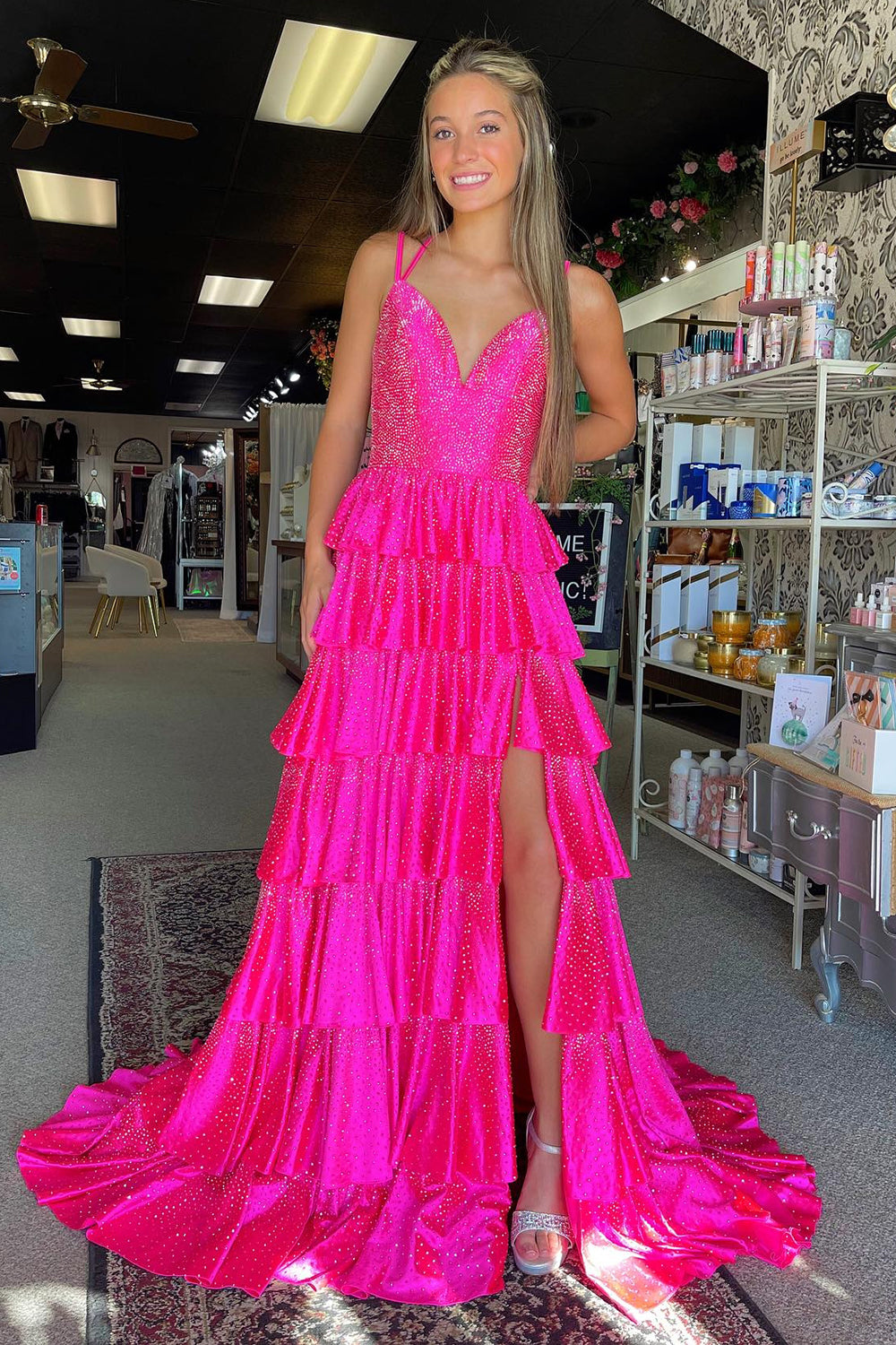 Fuchsia Prom Dress Tiered Beaded Spaghetti Straps Long Evening Dress with Slit