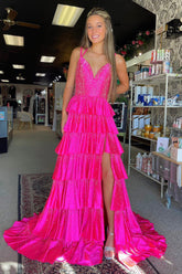 Fuchsia Prom Dress Tiered Beaded Spaghetti Straps Long Evening Dress with Slit