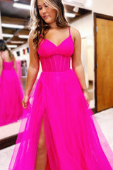 Fuchsia Prom Dress V Neck Sheer Bodice A Line Long Evening Dress with Split