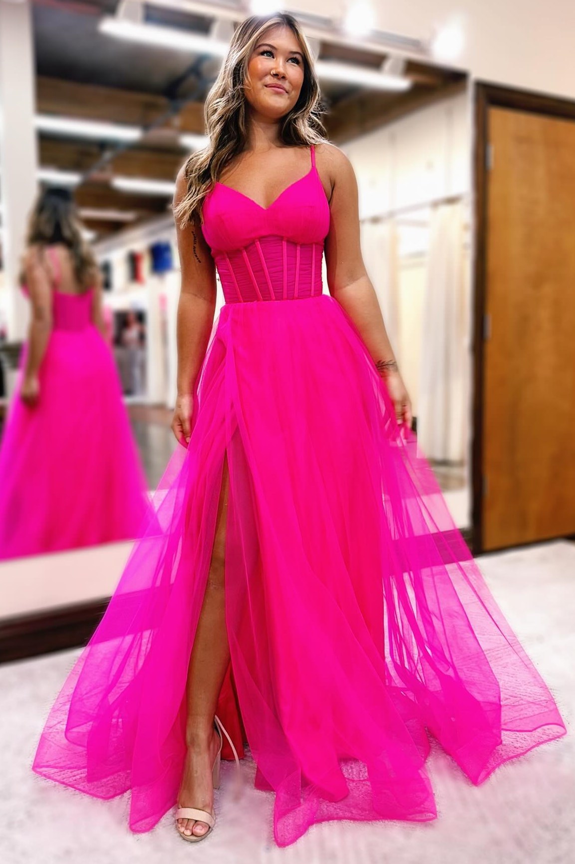 Fuchsia Prom Dress V Neck Sheer Bodice A Line Long Evening Dress with Split