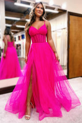 Fuchsia Prom Dress V Neck Sheer Bodice A Line Long Evening Dress with Split