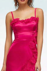 Dressystars Fuchsia Satin Sheath Spaghetti Straps Long Prom Dress With Ruffles