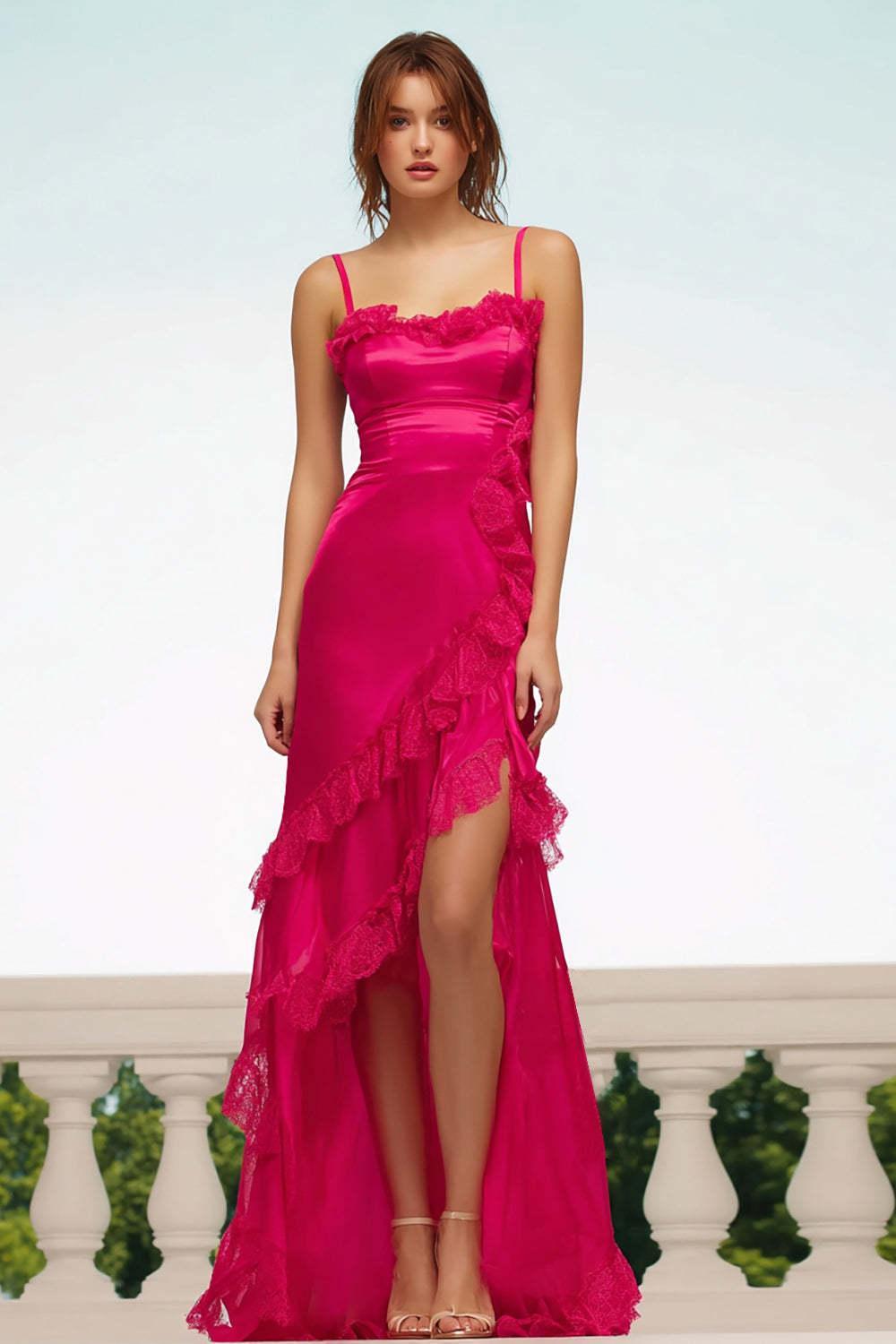 Dressystars Fuchsia Satin Sheath Spaghetti Straps Long Prom Dress With Ruffles
