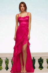 Dressystars Fuchsia Satin Sheath Spaghetti Straps Long Prom Dress With Ruffles