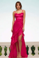 Dressystars Fuchsia Satin Sheath Spaghetti Straps Long Prom Dress With Ruffles