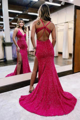 Fuchsia Sequins Mermaid Open Back Long Prom Dress with Slit