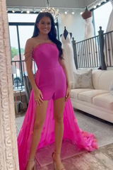 Fuchsia Short Floral Tight Homecoming Jumpsuits With Cape