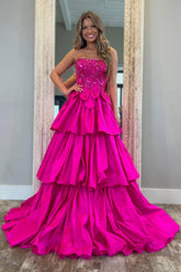 Fuchsia Strapless Layered Satin A-Line Prom Dress With Bowknot Formal Evening Gown