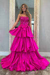 Fuchsia Strapless Layered Satin A-Line Prom Dress With Bowknot Formal Evening Gown