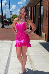 Fuchsia Sweetheart Homecoming Dresses Satin Short Corset Cocktail Dresses With Ruffles