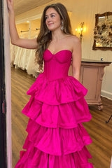 Fuchsia Tiered Prom Dress A Line Sweetheart Corset Long Cocktail Dress