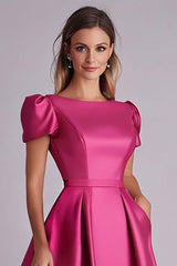 Fuchsia Wedding Guest Dress A Line Satin Formal Dress With Puff Sleeves