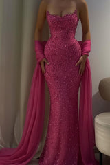 Pink Mermaid Prom Dress Strapless Formal Dress With Beadings and Rhinestones