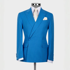Generous Blue Striped Peaked Lapel Prom Suit