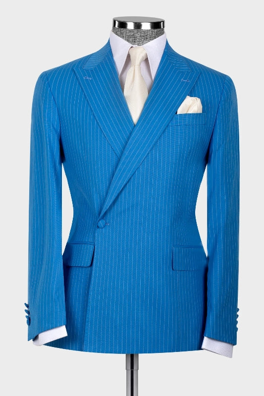 Generous Blue Striped Peaked Lapel Prom Suit