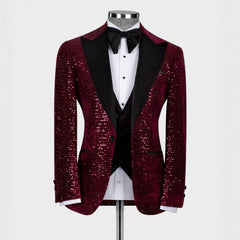 Generous Burgundy Peaked Lapel 3 Piece Sequins Prom Suit