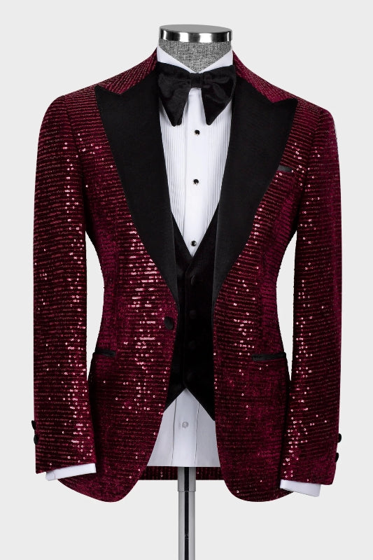 Generous Burgundy Peaked Lapel 3 Piece Sequins Prom Suit