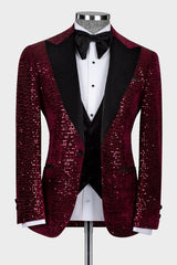 Generous Burgundy Peaked Lapel 3 Piece Sequins Prom Suit