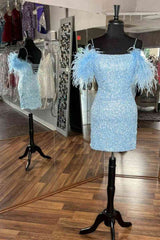 Georgiana Homecoming Dress Pretty Bodycon Sequin with Chic Feather Short Party Cocktail Dress