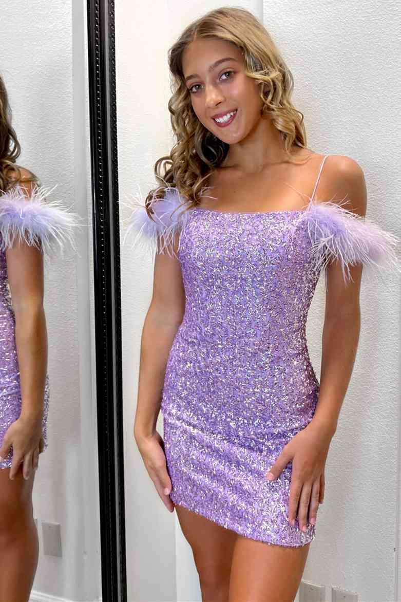 Georgiana Homecoming Dress Pretty Bodycon Sequin with Chic Feather Short Party Cocktail Dress