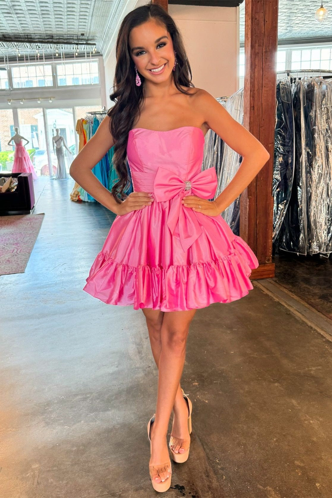 Girly Homecoming Dress Pink Strapless Ruffle With A Nice Bow Short Party Cocktail Dress